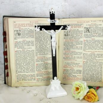 Antique Bisque Vieux Andenne Crucifix Cross Jesus Christ Wood Porcelain