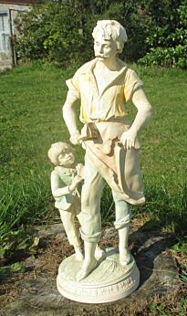 Large Statuette Father and Son Resin Crackled White Backpack little boy Signed