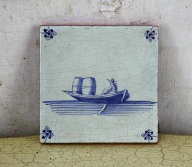 Vintage Blue White Wall Decorative Tile Delft Style Man in a Rowing Boat Barrels