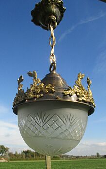 Antique Hanging Chandelier Frosted Etched Dome Glass Ornate Brass