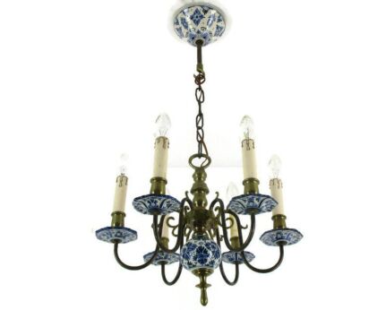 Dutch Delft Blue White Chandelier Porcelain Ornate Bronze 6 Lights Arm Marked