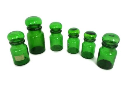 Vintage set of 6 glass containers Bubble Lid Jars Apothecary Bottles Emerald Green Belgium