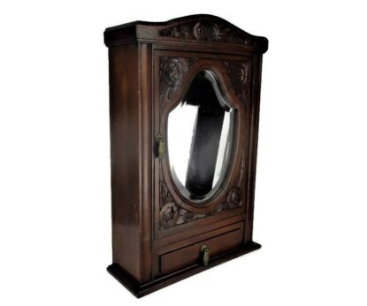 hand Carved Wood Medicine Apothecary Cabinet Flower Pattern Beveled Glass Mirror