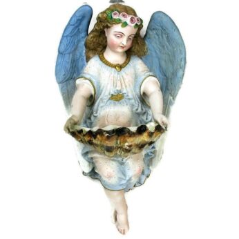 XXL French Holy Water Font Vessel Angel Bisque Porcelain Collector HTF 14.56"