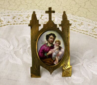 Small Standing Medallion Ceramic Porcelain Saint Joseph Infant Jesus Framed 