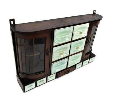 Art Deco Kitchen Spice Herbs Rack Cabinet Porcelain Wood Exquisite Leaded Glass