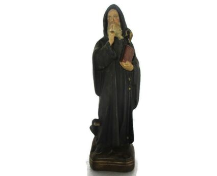 Statue St Saint Benedict of Nursia Black Raven Bible Plaster HTF Gothic 8.46"