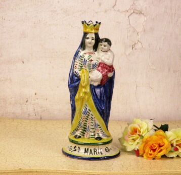 Antique Polychrome French Porcelain Statue Virgin Mary Quimper Collector HTF