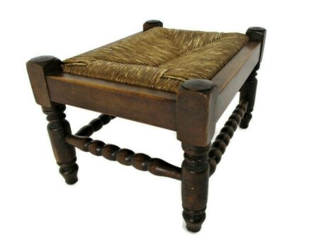 Small Vintage Stool Ottoman Footstool Wood Cane  top Barn Country Style Bobbin Legs Beautiful