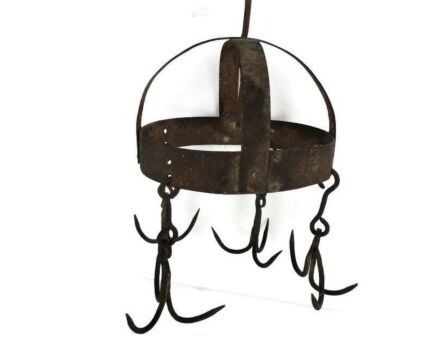 antique Hanging Butcher Rack Cast Wrought Iron 4 hooks French 18th C Barn Style