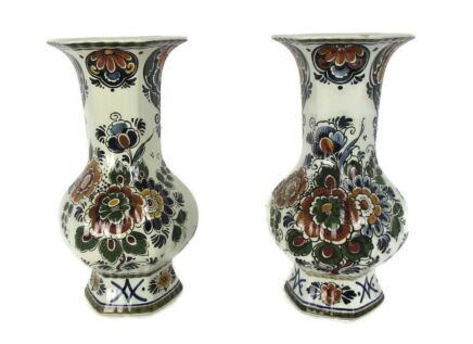 Couple Pair Holland Rare Delft Polychrome Porcelain Vases Floral design Marked