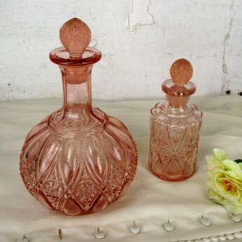 Couple Vanity Dresser Depression glass Pink Bottles Perfume Art Deco 2 pieces