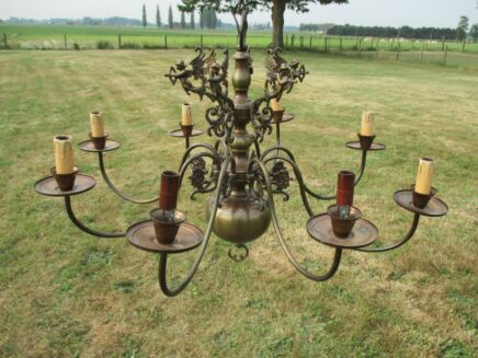 Vintage Flemish Dutch  8 Arms Chandelier Pendant Lights Brass Cupid Hunter
