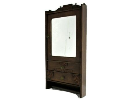 Vintage Wood Kitchen Apothecary Bathroom Medicine Wall Cabinet Hooks for Towels Pediment Beveled glass Mirror