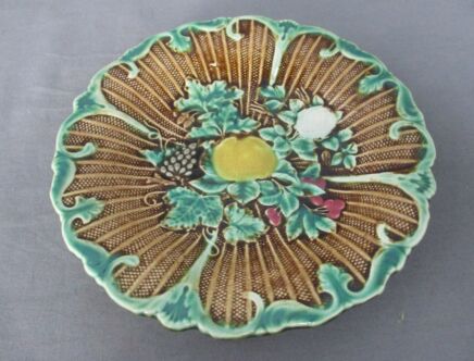 French Fruit Plate  Majolica Barbotine Faience Flower Leafs  Decorative