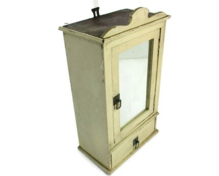 Vintage French Provincial White Painted Wood Medicine Wall Cabinet Apothecary Rustic Barn Country farmhouse