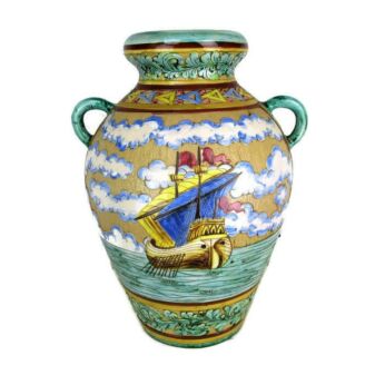Large Italian Deruta Vase Polychrome Galleon Ship Bas Relief Gorgeous