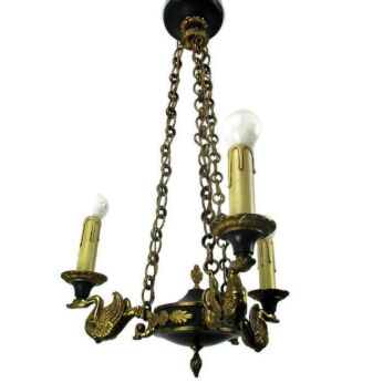 French Empire Pan Chandelier Green Tole Brass 3 arms Hollywood Regency Ducks HTF