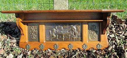 Antique Hand Carved Oak Coat Hat Rack Wood Brass Panels Gorgeous