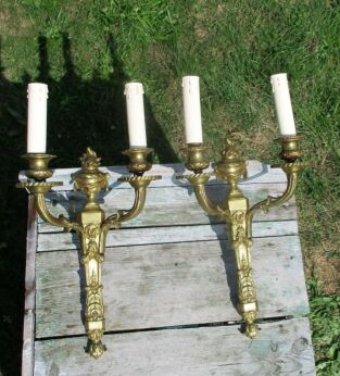 Pair of Vintage Large Brass Two-Arm Wall Sconces French Empire Ornate