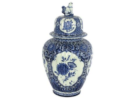 Large Royal Sphinx Maastricht Delft Vase Urn Marked Blue White Foo Dog 17.71"