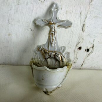 Antique French Holy Water Font Vessel Bisque Porcelain Lamb Of God Crucifix