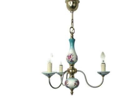 Romantic Chandelier Pendant 3 arm Brass Blue Pink Porcelain Flowers Mid Century