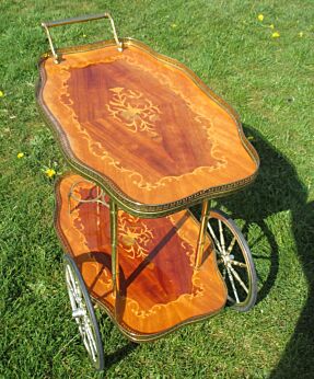 Bar Cart Italian Hollywood Regency Gold Chrome Wood Inlay Marquetry Vintage Flowers