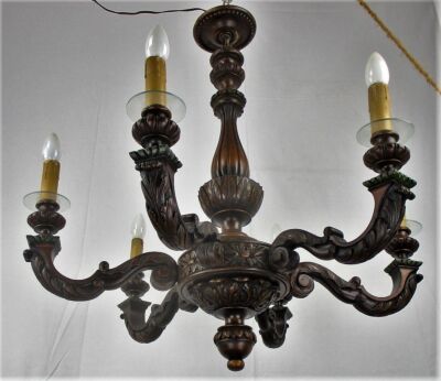 Hand Carved Wooden Ornate Chandelier 6 arm Lights Vintage Edwardian