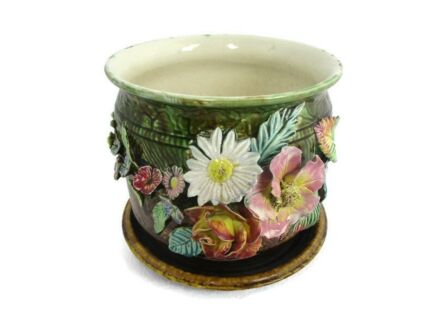Planter with dripping plate French Pottery Faience Majolica Flowers Vintage Gorgeous