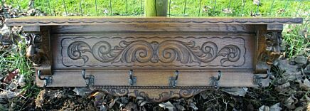 Gorgeous Antique Hand Carved Wood Coat Hat Rack Lion Heads Waves