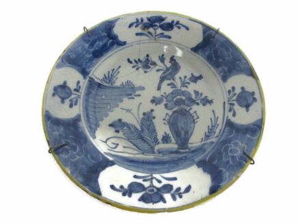 18th Century Delft Wall hanging Charger Plate Blue White Antique Peacock Feather 8.66"