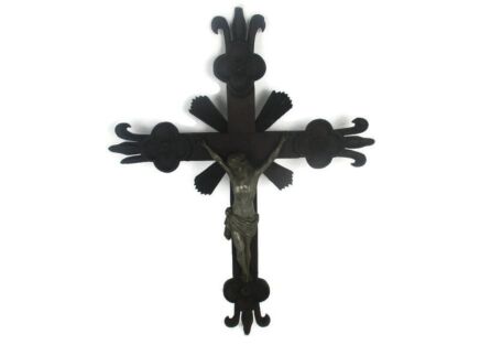 French Vintage Ornate hand Carved Wood Hanging Crucifix Cross Jesus Christ  Faux Brass Corpus Fleur de Lis Lys 26.37"