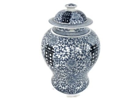 Large Chinese Happiness Porcelain Vase Blue White Marked Urn Lidded