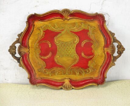Italian Mid Century Hollywood Regency Florentine Serving Tray Red Gold Resin