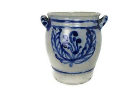 Antique French Stoneware Earthenware Crock Jar Lard Cobalt gray Decorative barn French country style 11.41"