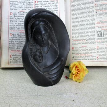 Virgin Mary Black Madonna and Child Hand Carved Dark Wood Statue Lovely 7.87"