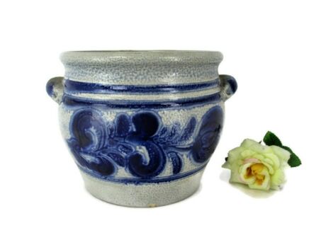 Antique French Stoneware Earthenware Crock Jar Lard Cobalt gray Decorative 7.08"