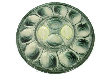 Large French Oyster Serving Plate Faience Ceramic Majolica Green Glazed Beautiful