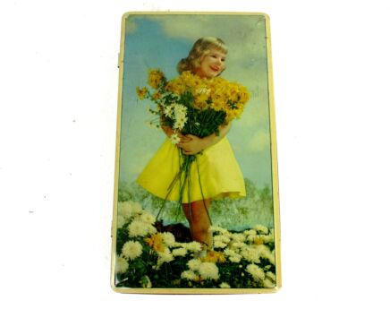 Vintage Mid Century Tin Box Kwatta Belgium Gorgeous little Girl Yellow dress