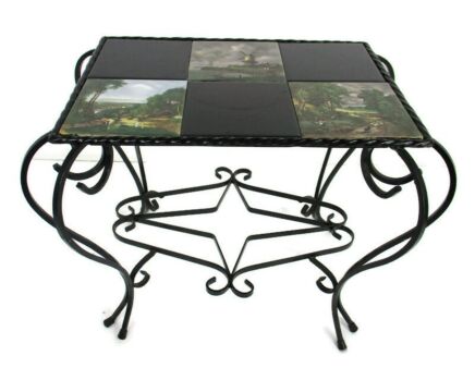 Vintage Side Table Plant stand Ceramic Tiles Wrought Iron Legs Farmlife scenes