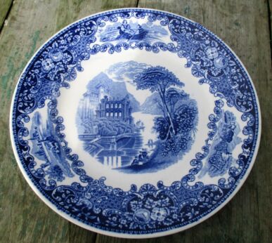 Antique Small Plate Lonka Confiserie Blue White Landscape Estate Collector Rare