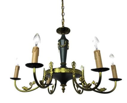 French Empire Pan Chandelier Fish Green Tole Brass 6 arms Hollywood Regency