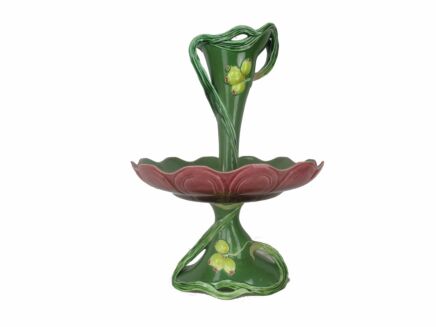 Majolica Large Epergne Trumpet Double Vase Center Table Piece Mistletoe Rare