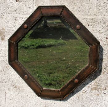 Antique Vintage Beveled glass Mirror Wooden Frame Knobs Hobnails Octagonal