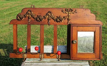 Vintage Wooden Wall coat rack small cabinet mirror Ornate Guirlandes Lovely Rare