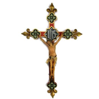 Large French Polychrome Antique Crucifix 19th C Fleur de Lis Plaster Corpus 32"