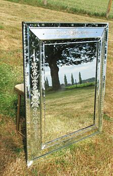 Large Antique French Engraved Cut Crystal Mirror Ornate Magnificent 34.84" 1946