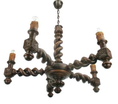 Ornate Open Barley Twist Wooden Chandelier Hand carved Wood 5 arm Lights Working