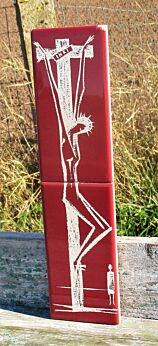 Vintage Ceramic red Tile Wall Hanging Small Jesus Christ Crucifix Mettlach